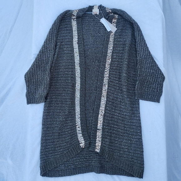 Chico's olive green 3/4 sleeve cardigan sweater with gold sequin trim size 2 - Picture 1 of 13